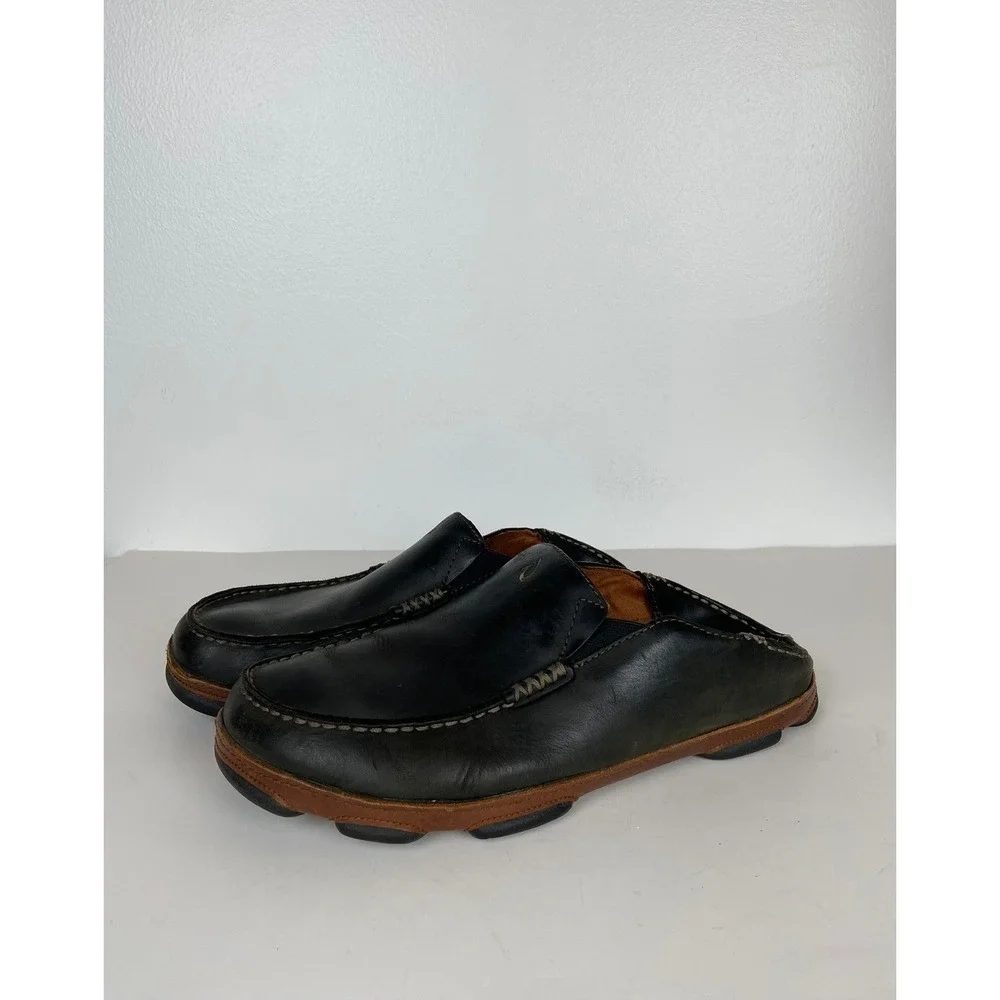 Olukai Moloa Men' Leather Drop-In Heel Loafers Slip On Shoes 10 M Black Vacation